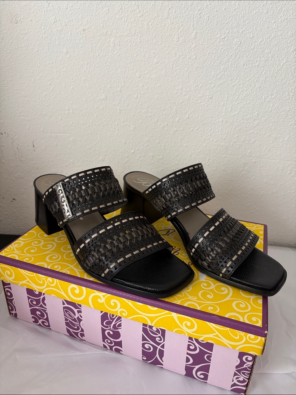 Brighton TONIA  Black Woven Double-Strap Slide Mules